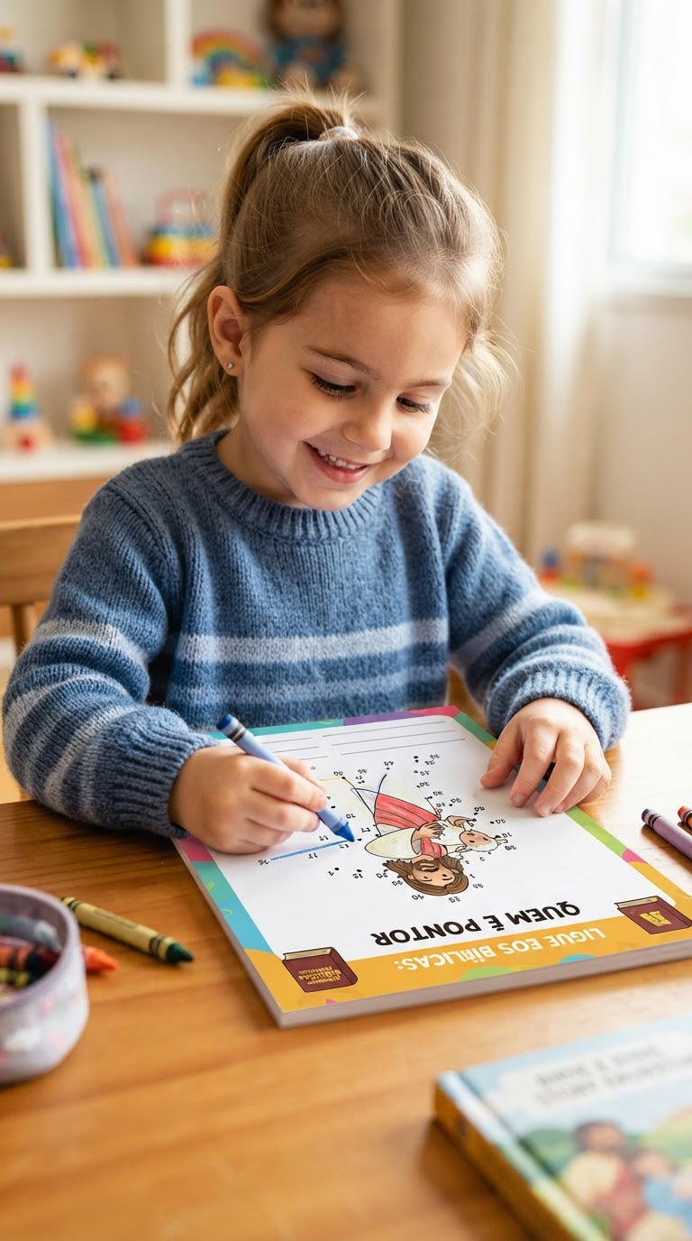 Menina feliz fazendo puzzle de ligue os pontos com tema bíblico à mesa